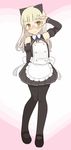  alternate_costume animal_ears apron arm_up bare_shoulders black_legwear blonde_hair blush brown_eyes cosplay detached_sleeves dream_c_club dream_c_club_(series) enmaided glasses highres long_hair maid mary_janes oza_watto pantyhose perrine_h_clostermann ribbon salute shoes solo strike_witches sweatdrop v wavy_mouth world_witches_series 