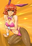  animal_ears blue_eyes breasts bunny_ears bunnysuit cleavage highres lefina_enfield lips medium_breasts navel pantyhose red_hair shiny shiny_skin short_hair shu-z solo super_robot_wars super_robot_wars_original_generation 