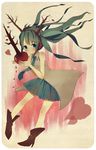  ayu_(mog) bad_id bad_pixiv_id boots branch green_eyes green_hair hatsune_miku highres long_hair necktie petals rounded_corners skirt solo tears vocaloid 
