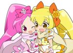  blonde_hair blush bow cure_blossom cure_sunshine hanasaki_tsubomi heartcatch_precure! long_hair magical_girl meiro_(yuu) multiple_girls myoudouin_itsuki orange_bow pink_bow pink_eyes pink_hair precure scarf white_background yellow_eyes 