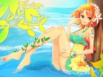  bangle barefoot bracelet breasts brown_eyes earrings flower food fruit grin hair_flower hair_ornament himerinco jewelry large_breasts log_pose mandarin_orange nami_(one_piece) one_piece orange_eyes orange_hair partially_submerged plant smile solo tattoo vines water 