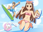  1girl bad_id bad_pixiv_id barefoot bikini brown_eyes brown_hair bunny diving_mask food idolmaster idolmaster_(classic) innertube long_hair minase_iori mouth_hold ookami_maito popsicle producer_(idolmaster) snorkel surfboard swimsuit 