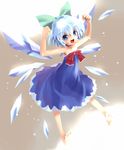  alternate_costume bare_shoulders barefoot blue_dress blue_eyes blue_hair bow choker cirno dress feet flat_chest full_body hair_bow ice katahira_masashi large_bow pose see-through short_hair solo strapless strapless_dress touhou wings 