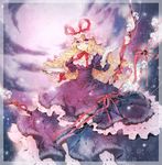  blonde_hair border choker dress frilled_dress frills gloves hat hat_ribbon long_hair mai_(woood) parasol purple_dress purple_eyes ribbon ribbon_choker solo touhou umbrella wavy_hair white_gloves yakumo_yukari 