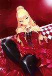  absurdres alice_in_wonderland black_legwear blonde_hair breasts cleavage corset dress elbow_gloves gloves highres large_breasts legs long_hair naughty_face queen_of_hearts red sitting solo thighhighs thighs ueda_ryou 