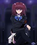  aitaso armband black_legwear blue_eyes breast_squeeze breasts chain crossed_arms crossed_legs hair_bobbles hair_ornament large_breasts pleated_skirt red_hair sitting skirt solo thighhighs umineko_no_naku_koro_ni ushiromiya_ange zettai_ryouiki 