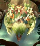  bird brown_hair commentary_request elbow_gloves elle_(lom) feathers flower gloves green_eyes hair_flower hair_ornament legend_of_mana monster_girl nature petals seiken_densetsu smile solo talons water wings zxcv9990 