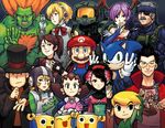  6+boys 6+girls aegis_(persona) black_hair blanka blonde_hair blue_eyes blueberry_(nmh) choker cigarette claire_redfield cover cover_page cranberry_(nmh) crossover eyepatch fingerless_gloves gloves green_eyes gum_(jsr) hair_ornament halo_(game) hat helmet hershel_layton jacket japanese_clothes jet_set_radio kimono kobun lilith_aensland link magazine_cover mariel_cartwright mario master_chief metal_gear_(series) metal_gear_solid middle_w momohime multiple_boys multiple_crossover multiple_girls no_more_heroes non-web_source number oboro_muramasa overalls persona persona_3 ponytail professor_layton pure_white_lover_bizarre_jelly resident_evil resident_evil_2 rockman rockman_dash short_hair single_letter solid_snake sonic sonic_the_hedgehog strawberry_(nmh) street_fighter sunglasses the_legend_of_zelda the_legend_of_zelda:_the_wind_waker toon_link top_hat travis_touchdown tron_bonne tunic vampire_(game) w 