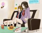  ahoge akiyama_mio black_eyes black_hair blush brown_eyes brown_hair couch drink fish food gogono_pan'ya hair_down hamburger hood hoodie k-on! kneehighs md5_mismatch multiple_girls necktie no_thank_you! school_uniform sitting skirt socks tainaka_ritsu 