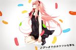  aqua_eyes bad_id bad_pixiv_id blue_eyes candy dress food hair_ornament hairband hairclip hatsuko jelly_bean long_hair megurine_luka pink_hair shoes solo very_long_hair vocaloid 