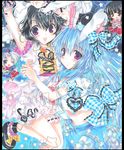  alternate_color alternate_costume alternate_hair_color animal_ears black_hair blue_hair bow bow_(weapon) branch bunny_ears chibi colored_pencil_(medium) houraisan_kaguya hug inaba_tewi jeweled_branch_of_hourai leg_garter lolita_fashion long_hair marker_(medium) multiple_girls one_eye_closed pekopokox purple_eyes reisen_udongein_inaba school_uniform serafuku shikishi short_hair touhou traditional_media weapon yagokoro_eirin 