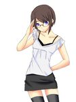  adjusting_eyewear asou_misaki blue_eyes blush brown_hair dress fatal_frame fatal_frame_4 glasses hazuki_iori short_hair solo thighhighs 