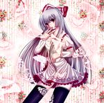  bad_id bad_pixiv_id black_legwear bow bug butterfly dress fujiwara_no_mokou hair_bow hakomonotown insect long_hair red_eyes silver_hair solo thighhighs touhou 