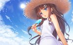  bare_shoulders blue_eyes blush brown_hair chobipero cloud curly_hair day food from_below hair_ornament hairclip hat highres hot long_hair original popsicle sky solo straw_hat sun sun_hat sweat wallpaper 