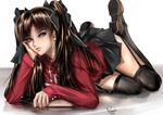  bad_id bad_pixiv_id black_legwear blue_eyes book brown_hair cross fate/stay_night fate_(series) garter_straps highres jewelry long_hair long_legs necklace rx? smile solo thighhighs toosaka_rin two_side_up 