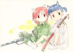  agahari animal_ears baggy_clothes black_hair brown_eyes dog_ears gun heterochromia machine_gun military military_uniform minna-dietlinde_wilcke multiple_girls ponytail red_eyes red_hair sakamoto_mio short_hair strike_witches sword uniform weapon wolf_ears world_witches_series younger 