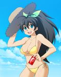  bad_id bad_pixiv_id bikini black_hair blue_eyes brand_name_imitation breasts can cleavage cloud colorized day ganaha_hibiki hair_ribbon hat high_ponytail idolmaster idolmaster_(classic) large_breasts long_hair open_mouth ponytail quality ribbon side-tie_bikini smile soda soda_can solo string_bikini swimsuit totokichi yajirushi_kaku 