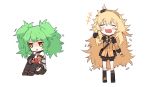  2girls :d bangs black_legwear blonde_hair bow bowtie chestnut_mouth chibi closed_eyes eyebrows_visible_through_hair facing_viewer ganesagi girls_frontline green_hair hairband hand_behind_head jacket legs_together long_sleeves m950a_(girls_frontline) multiple_girls open_mouth pouch s.a.t.8_(girls_frontline) shoes sitting smile socks standing thighhighs twintails yellow_eyes 