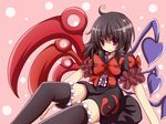  black_hair black_legwear dress frilled_dress frilled_legwear frills haru_ion highres houjuu_nue red_eyes short_hair sitting smile solo thighhighs touhou wings 