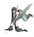  aircraft airplane black_hair jet kneeling long_hair mecha_musume military nano original personification simple_background solo ta_183 thighhighs world_war_ii 