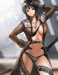  bad_id bad_pixiv_id black_hair breasts center_opening coat grey_eyes hand_on_hip jewelry katana large_breasts long_hair navel necklace original shijima_(tanfn) smile solo sword weapon 