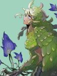  1girl animal_ears animal_hands bird_ears blue_eyes blue_flower breasts bumpy_nanju claws commentary_request feathers flower green_background green_feathers green_hair green_lips green_wings harpy highres long_hair looking_up medium_breasts midriff monster_girl open_mouth original solo tearing_up winged_arms wings 