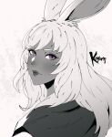  1girl animal_ears artist_name dark-skinned_female dark_skin final_fantasy final_fantasy_xiv highres koyorin lips long_hair looking_at_viewer looking_back lyna_(ff14) monochrome portrait purple_eyes rabbit_ears solo spot_color viera white_background 