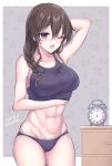  1girl abs alarm_clock alternate_hairstyle arm_up ashigara_(kancolle) black_panties black_tank_top blush braid breasts brown_eyes brown_hair clock dated hair_between_eyes hair_over_shoulder hand_under_clothes highres kabocha_torute kantai_collection large_breasts long_hair midriff one_eye_closed open_mouth panties single_braid solo tank_top toned twitter_username underwear waking_up 