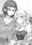  2girls ahoge armpit_crease bare_shoulders blunt_bangs blush breasts cleavage closed_mouth collarbone commentary_request couch earrings frown furrowed_brow glasses greyscale grin hair_between_eyes hair_ornament hairclip head_tilt highres holding_hands jacket jacket_partially_removed jewelry long_hair looking_at_viewer medium_breasts medium_hair miyamae_nonoa momoko_(momopoco) monochrome multiple_girls necklace novel_illustration official_art on_couch open_clothes open_jacket open_mouth parted_bangs second-party_source semi-rimless_eyewear sidelocks sitting smile star_(symbol) star_hair_ornament taniyama_sayaka tokidoki_bosotto_roshia-go_de_dereru_tonari_no_arya-san 