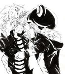  2boys belphegor_(reborn) blonde_hair couple crown eye eyes fran_(reborn) katekyo_hitman_reborn katekyo_hitman_reborn! male_focus monochrome multiple_boys revelation varia white_background white_hair yaoi 