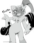 2022 3_fingers ambiguous_gender anthro blush cute_fangs eromame fingers generation_8_pokemon greyscale kemono looking_at_viewer monochrome nintendo open_mouth open_smile pokemon pokemon_(species) simple_background smile sneasler solo standing white_background