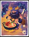  1boy beard brown_hair cooking dungeon_meshi dwarf egg_(food) facial_hair fake_horns food helmet horned_helmet horns indoors long_beard male_focus night night_sky prozdvoices senshi_(dungeon_meshi) sitting skull sky solo sparkling_aura thick_mustache very_long_beard wok 