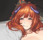  1girl arknights bagpipe_(arknights) collarbone commentary dragon_girl dragon_horns half-closed_eyes horns light_blush limmy_waking_up_(meme) long_hair meme messy_hair orange_hair parted_lips pillow purple_eyes radioneet sleepy solo symbol-only_commentary waking_up 