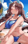  1girl absurdres beach beach_volleyball beret bikini black_hair blunt_bangs blurry blurry_background braid breast_press breasts cleavage closed_mouth collarbone commentary_request hat highres hokko_tarumae_(umamusume) horse_girl large_breasts long_braid looking_at_viewer navel purple_eyes sky solo sweat swimsuit tabunshake tomachop twin_braids umamusume 