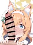  1boy 1girl animal_ear_fluff animal_ears blue_archive blue_eyes blush cat_ears erection halo hetero highres jacket large_penis looking_at_penis looking_at_viewer mari_(blue_archive) mari_(track)_(blue_archive) mashiro_latte_(msrn39) open_mouth orange_hair penis penis_awe penis_on_face penis_over_one_eye pov simple_background solo_focus sweat track_jacket veins veiny_penis white_background yellow_halo 