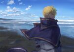  1boy armor arthur_pendragon_(fate) blonde_hair blue_cape cape closed_mouth cloud ebi_(6_5) fate/grand_order fate_(series) from_behind green_eyes looking_at_viewer male_focus ocean painting_(medium) shore short_hair sky solo traditional_media upper_body water 
