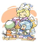  blonde_hair blue_hair brown_hair cat_tail chen cirno closed_eyes fox_tail hat hounori ice ice_wings jewelry long_sleeves multiple_girls multiple_tails open_mouth pendant pillow_hat puffy_short_sleeves puffy_sleeves short_hair short_sleeves smile socks tail tassel touhou wide_sleeves wings yakumo_ran 