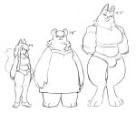  animal_humanoid anthro bear bottomwear breasts bulge canid cleavage clothed clothing dress english_text eyes_closed footwear fur group gynomorph hair hands_behind_back humanoid intersex mammal mammal_humanoid monochrome open_mouth simple_background sketch smile standing tail text topwear trio unknown_artist were werecanid white_background 