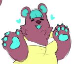 anthro bear blue_hair blue_mouth blue_pawpads breasts clothing dress eyes_closed fur gynomorph hair heart_symbol intersex mammal open_mouth pawpads purple_body purple_fur simple_background smile solo teeth unknown_artist white_background yellow_clothing