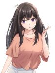  1girl black_hair commentary cowboy_shot gaerp4 halterneck hashtag-only_commentary highres inoue_takina long_hair looking_at_viewer lycoris_recoil open_mouth orange_shirt purple_hair shirt short_sleeves sidelocks signature simple_background solo v white_background 