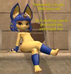 3d_(artwork) animal_crossing ankha_(animal_crossing) anthro biped blue_hair breasts crossed_legs dialogue digital_media_(artwork) domestic_cat eyelashes felid feline felis female hair looking_at_viewer mammal nintendo nipples papadragon69 pupils sitting small_breasts text thick_thighs yellow_body