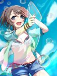  1girl arms_up bikini blue_eyes blush breasts brown_hair bubble collarbone highres love_live! love_live!_sunshine!! nunun_dolphin ocean ponytail salute side-tie_bikini_bottom swimsuit watanabe_you water wavy_hair 