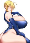  1girl absurdres ahoge arind_yudha artoria_pendragon_(fate) artoria_pendragon_(lancer)_(fate) ass bare_shoulders blonde_hair blue_gloves blue_leotard blue_thighhighs braid breasts cape cleavage_cutout clothing_cutout elbow_gloves fate/grand_order fate_(series) french_braid fur-trimmed_cape fur_trim gloves green_eyes hair_between_eyes highleg highleg_leotard highres huge_breasts leotard looking_at_viewer medium_hair red_cape sidelocks sitting solo thighhighs thighs 