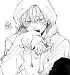  1boy casual cellphone drawstring embarrassed hair_between_eyes hand_up highres holding holding_phone hood hood_up hoodie hunter_x_hunter karasuma_(wbeach01) knee_up long_sleeves looking_at_viewer male_focus monochrome open_mouth phone shalnark short_hair simple_background sitting sleeves_past_wrists solo spoken_squiggle squiggle 