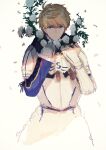  1boy armor arthur_pendragon_(fate) blonde_hair breastplate cowboy_shot ebi_(6_5) falling_petals fate/grand_order fate_(series) flower gauntlets green_eyes highres long_sleeves looking_at_viewer male_focus parted_lips petals short_hair simple_background solo white_background white_flower 