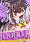  1girl animal_ears bat_(animal) bat_ears bat_girl bat_wings brown_eyes brown_hair brown_long-eared_bat_(kemono_friends) elbow_gloves extra_ears gloves grey_hair kemono_friends kemono_friends_v_project leotard long_hair looking_at_viewer microphone onaji_(sokudo_seigen) poporu_(kemono_friends) purple_background simple_background upper_body virtual_youtuber wings 