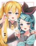  2girls :3 alternate_color aqua_eyes aqua_hair aqua_neckerchief black_collar black_sleeves blonde_hair blush bow_hairband cheek_poking collar collared_shirt color_switch detached_sleeves fang grey_sailor_collar grey_shirt hair_ornament hairband hairclip hand_up hatsune_miku headphones headset hisui_ame holding_necktie kagamine_rin long_hair long_sleeves looking_at_viewer medium_hair multiple_girls neckerchief necktie open_mouth palette_swap poking sailor_collar shirt sleeveless sleeveless_shirt smile treble_clef twintails very_long_hair vocaloid yellow_necktie 