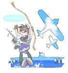  1girl aircraft aircraft_carrier airplane arms_up arrow_(projectile) black_thighhighs blue_sky bow_(weapon) brown_eyes brown_gloves brown_hair closed_mouth cloud double_exposure floating_hair full_body gloves holding holding_arrow holding_bow_(weapon) holding_weapon horizon japanese_clothes jibakurei_(elite_unchi) jitome kaga_(kancolle) kantai_collection kimono military_vehicle muneate ocean partially_fingerless_gloves purple_skirt quiver romaji_text ship short_kimono short_sleeves side_ponytail simple_background single_glove skirt sky solo speech_bubble splashing tasuki thighhighs translation_request warship watercraft weapon white_background white_kimono yugake 