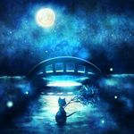 animal_ears boat branch bridge fish full_moon grass moon night original solo star sui_(petit_comet) tail tanabata water watercraft 