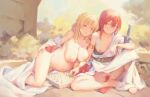  2girls barefoot big_belly bigrbear blonde_hair blue_eyes board_game breasts chess commentary_request green_eyes highres large_breasts long_hair medium_breasts medium_hair multiple_girls nipples nude original pregnant pussy red_hair sitting sword toes uncensored weapon 